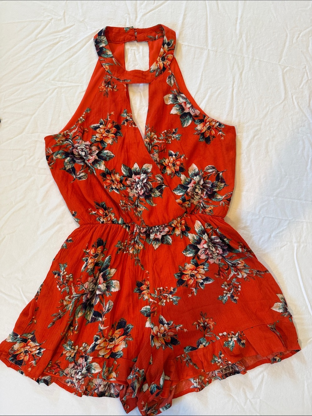 Vibrant Orange/Red Floral Halter Romper
